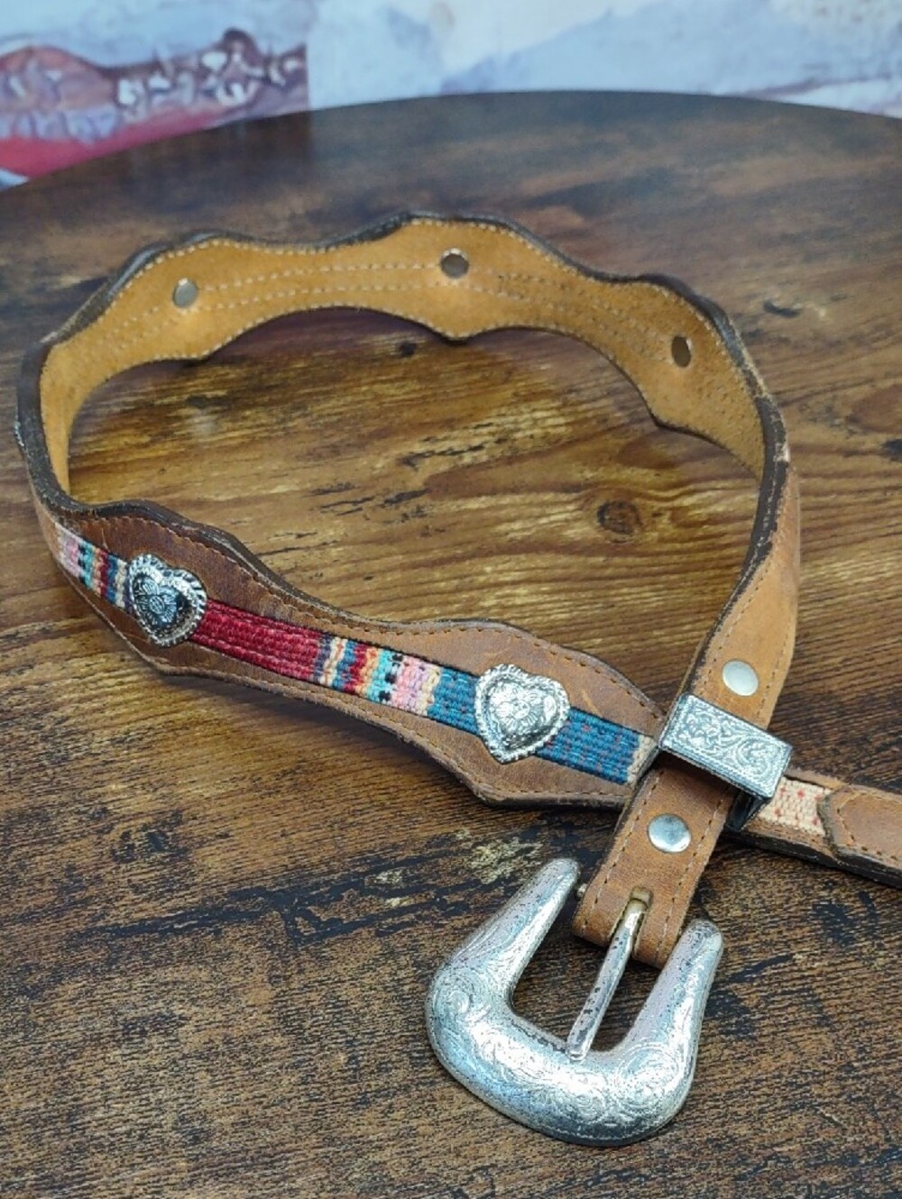 Western-Style Leather Belt w/ Silver Heart Conchos